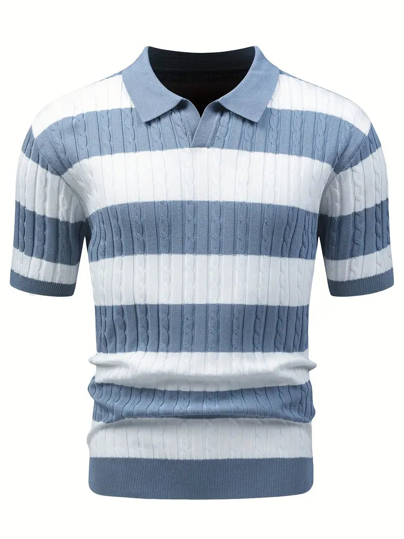 Men's Blue White Stripe Color Block Short Sleeve V Neck