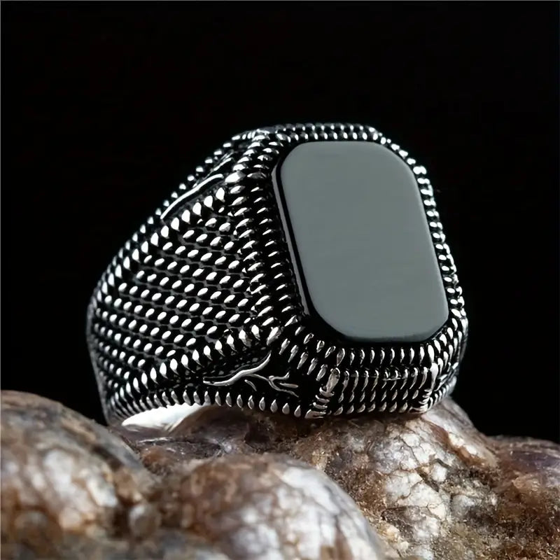 Gothic Black Stone Ring Men's Vintage Textured Ring