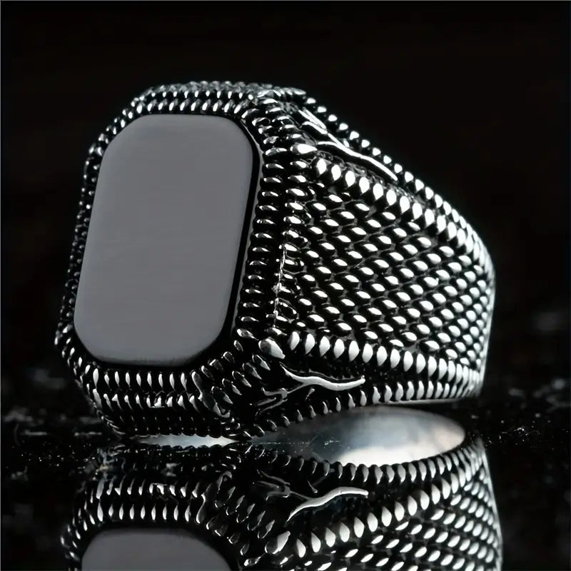 Gothic Black Stone Ring Men's Vintage Textured Ring