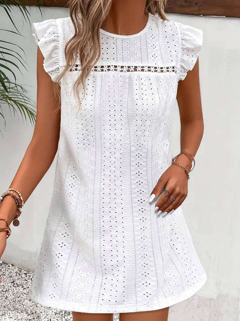 Solid Flutter Sleeve Eyelet Dress