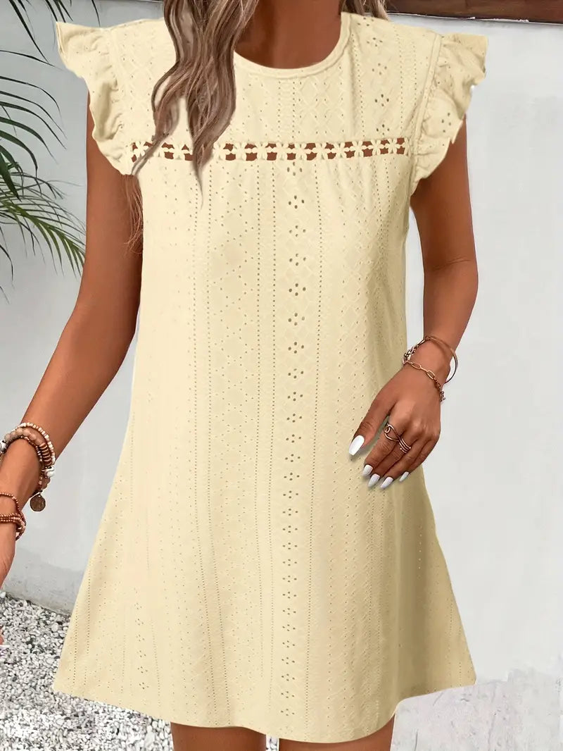 Solid Flutter Sleeve Eyelet Dress