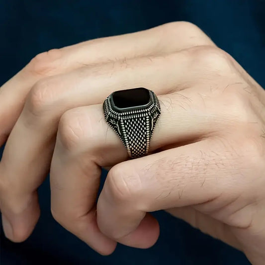 Gothic Black Stone Ring Men's Vintage Textured Ring