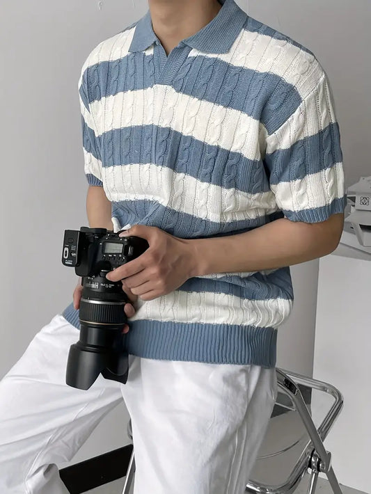 Men's Blue White Stripe Color Block Short Sleeve V Neck