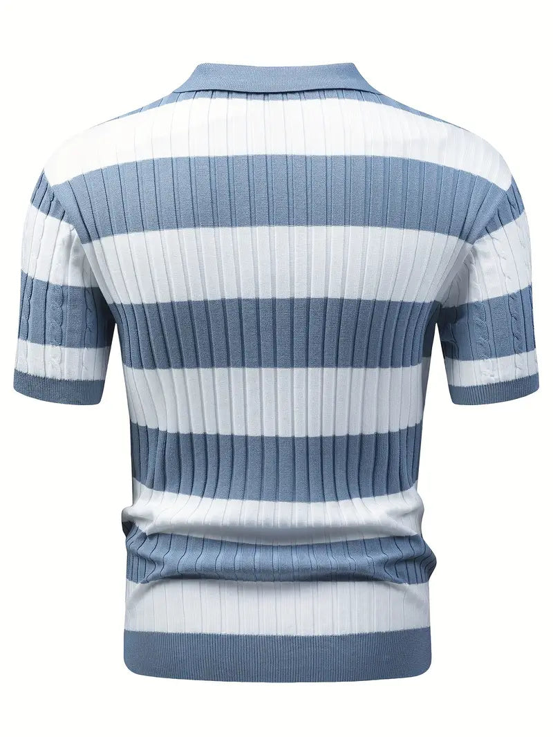 Men's Blue White Stripe Color Block Short Sleeve V Neck