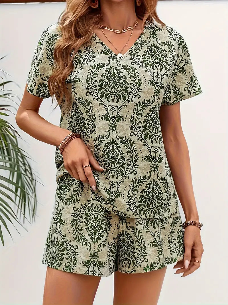 Casual Print V-Neck Two-Piece Set - Women's