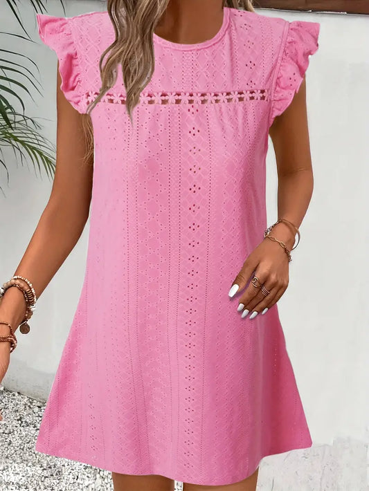 Solid Flutter Sleeve Eyelet Dress